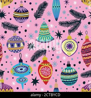 Cute motivo senza giunture con doodle vintage vettore decorazioni di Natale per l'abete albero. Illustrazione Vettoriale