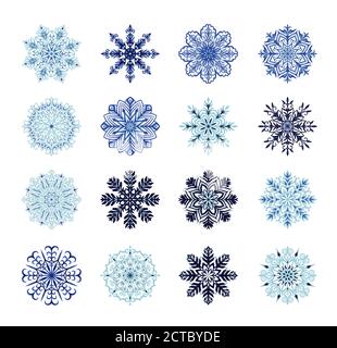 Grande set con simpatici fiocchi di neve originali. Collezione di elementi decorativi vettoriali invernali di Natale e Capodanno. Illustrazione Vettoriale