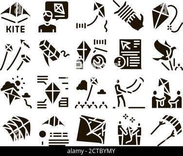 Kite Flying Air Toy Glyph Set Vector Illustrazione Vettoriale