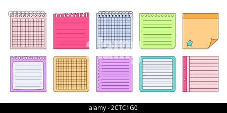 Appunti adesivi cartacei con set di pianificazione elementi. Note e messaggi di promemoria per la raccolta delle informazioni generali del notebook. Carta per appunti vuota. Vari ufficio di affari di etichetta. Illustrazione vettoriale isolata Illustrazione Vettoriale