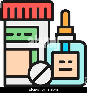 Flacone di medicina e pillole, gocce mediche icona linea di colore piatto. Illustrazione Vettoriale