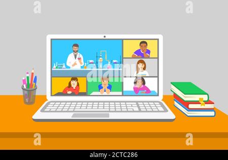 Formazione online zoom chiamata teleconferenza classe chimica virtuale. I bambini soggiornano a casa guardando insegnante di chimica spiega un esperimento chimico vicino al test Illustrazione Vettoriale