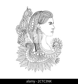 Illustrazione vettoriale della testa di giovane donna con i capelli floreali. Libro di pagina di colorazione a mano libera anti stress per gli adulti Illustrazione Vettoriale
