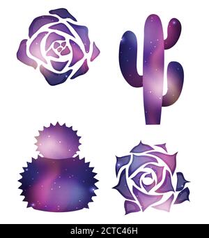 Insieme di cactus e succulenti con sfondo cosmico. L'oggetto è separato dallo sfondo. Elemento vettoriale per la vostra creatività Illustrazione Vettoriale