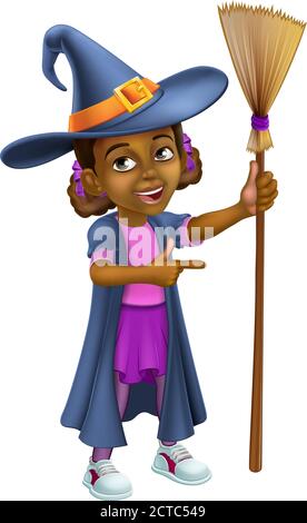 Black Girl Cartoon bambino Halloween Strega puntamento Illustrazione Vettoriale