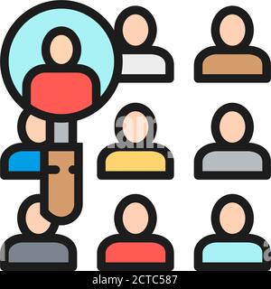 Persone sotto una lente d'ingrandimento, candidato cerca l'icona della linea di colore piatta. Illustrazione Vettoriale