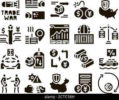 Trade War Business Glyph Set Vector Illustrazione Vettoriale
