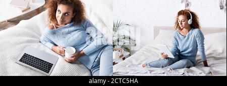 Collage di giovane donna nel maglione che tiene la tazza e che usa gadget e cuffie a letto Foto Stock