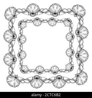 Set di cornice quadrata in bianco e nero con conchiglie con motivo boho. L'oggetto è separato dallo sfondo. Modello vettoriale per biglietti d'auguri, Illustrazione Vettoriale
