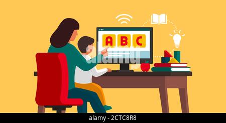 Kid imparare a casa con la madre e le seguenti classi online: Homeschooling e concetto di e-learning Illustrazione Vettoriale