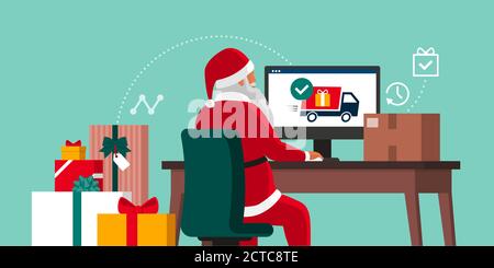 Santa che consegna i regali di Natale in linea usando un servizio di consegna, è seduto alla scrivania e collegato con il suo calcolatore Illustrazione Vettoriale