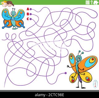 Cartoon Illustrazione di linee gioco Puzzle labirinto con personaggi Butterfly Illustrazione Vettoriale