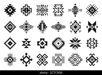 Elementi tribali. Monocromo geometric american indian Patterns, navajo e aztec, ornamento etnico per la serie vettoriale ornamento decorativo tessile. Cu. Nero Illustrazione Vettoriale