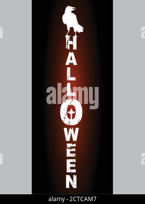 Halloween Vertical Black Panel con incandescente decorativo Grunge Text e. Corvo Silhouette bianca su sfondo grigio Illustrazione Vettoriale