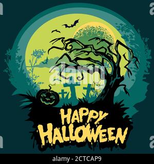 Cartolina con il desiderio di un buon Halloween, zucca di Lanterna nel cimitero, sfondo di notte di Halloween con casa infestata di zucca e volantino luna piena Illustrazione Vettoriale
