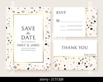 Biglietto d'invito per il matrimonio a terrazzo. Modello di disegno astratto volantini nuziali con texture in marmo, salvare data e nome. Vettore di annuncio impostato. Grazie c Illustrazione Vettoriale