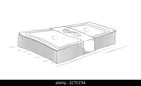 Pacchetto di banconote. Disegno di schizzo su sfondo bianco. Disegno con stile Doodle Illustrazione Vettoriale