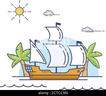 Vecchia nave a vela storica in legno. Il galeone che galleggia dal mare. Illustrazione Vettoriale