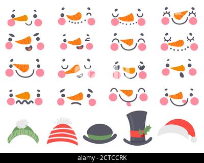 Snowman volti. Simpatici pupazzi di neve natalizi con naso di carota, occhi e bocche. Felice anno nuovo 2021 e vacanze invernali cartone animato set vettore. Facce con Illustrazione Vettoriale