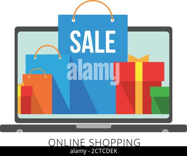 Borse e scatole per la spesa luminose e piatte sullo schermo del computer portatile e sulla parte anteriore. Gruppo di tasche di carta rosse, verdi e blu. Cartelli per negozio online o negozio. ISO Illustrazione Vettoriale