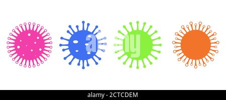 Set di icone multicolore in uno stile piatto batteri coronavirus su uno sfondo bianco. Pandemia cinese. Infezioni pericolose. Segni e simboli per un m Illustrazione Vettoriale