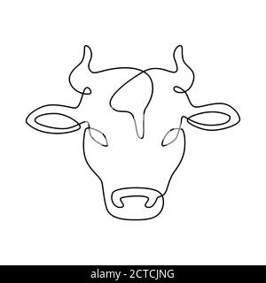 Linea testa vacca. Logo dell'azienda agricola di carne di latte e manzo, etichetta del prodotto lattiero-caseario. Vettore bovino a linea continua isolato su emblema bianco. Animali da allevamento o Illustrazione Vettoriale