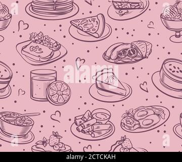 Modelli di cibo e bevande senza cuciture, set di alimenti veloci su bianco, illustrazione Vector. Ideale per la progettazione di menu o imballaggi alimentari, sfondo per Illustrazione Vettoriale