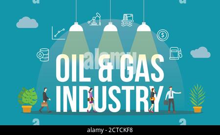 concetto di industria petrolifera e del gas con persone e testo grande parola e relativa icona piatta Illustrazione Vettoriale