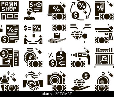 Pawnshop Exchange Glyph Set Vector Illustrazione Vettoriale