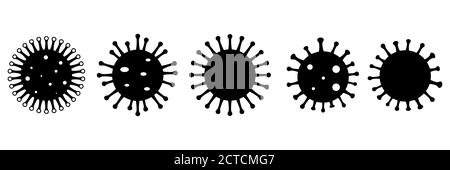 Set di icone nere in stile piatto batteri Coronavirus. Isolato su sfondo bianco. Pandemia cinese. Infezione cellulare pericolosa. Segni e simboli Illustrazione Vettoriale