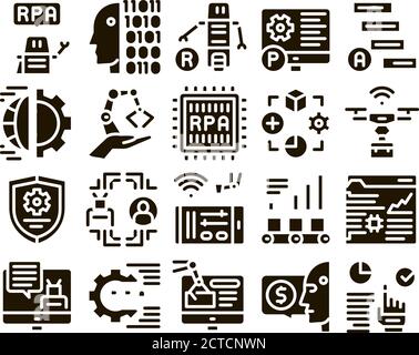 RPA Robotic Process Automation Icons Set Vector. (Imposta vettore icone automazione processi robot RPA Illustrazione Vettoriale