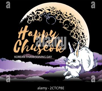 Happy Thanksgiving Day in Corea, il nome della vacanza è scritto in cinese parole, elementi disegnati a mano di Happy Chuseok-metà autunno piena luna festi Illustrazione Vettoriale
