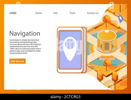 Navigazione GPS mobile con mappa isometrica. Navigatore pubblico del parco autunnale pin rosso.pagina di destinazione template.pagina Web. Illustrazione Vettoriale