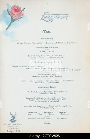 CENA tenuta DALL'HOTEL BATTERY PARK presso 'ASHEVILLE, NC' (HOTEL;), testo, menu, 1900 Foto Stock