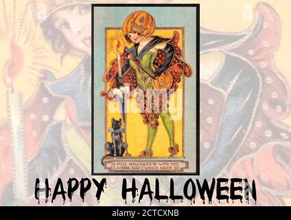 Vintage Happy Halloween saluti con copia spazio su entrambi i lati per aggiungere testo / messaggio d'amore. Perdere Halloween con te è una cosa che non farei mai xxxx Foto Stock