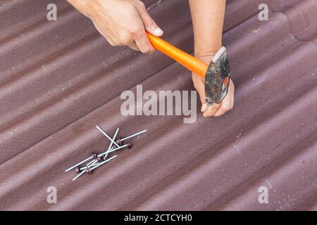 Il tetto installa gli shingles dell'asfalto Ondulin, riparazione del tetto. Foto Stock