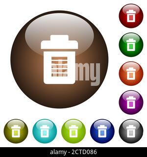 Icone bianche di cestino complete su pulsanti di vetro rotondi in più colori Illustrazione Vettoriale