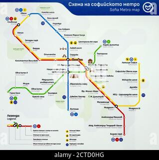 Mappa della metropolitana di Sofia o della metropolitana metropolitana di Sofia Bulgaria nuova Mappa aggiornata nel settembre 2020 dopo l'apertura di La nuova linea verde Foto Stock