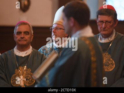 22 settembre 2020, Hessen, Fulda: Nikola Eterovic (l-r), Nunzio Apostolico, Georg Bätzing, Vescovo di Limburgo e Presidente della Conferenza Episcopale tedesca, e il Cardinale Rainer Maria Woelki, Arcivescovo di Colonia, attendono nella sagrestia prima del servizio di apertura dell'Assemblea Plenaria autunnale della Conferenza Episcopale tedesca nella Cattedrale di Fulda. I vescovi tedeschi si riuniscono tradizionalmente a settembre nella tomba di San Bonifacio nella città della cattedrale orientale hesiana. Durante la riunione di tre giorni, l'attenzione è rivolta al processo di riforma con la parola chiave "Via sinodale". Foto: Arne Dedert/d Foto Stock