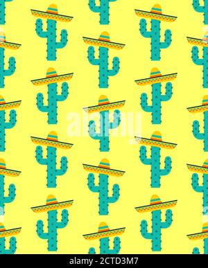 Sfondo messicano. Cactus in pattern sombrero senza giunture. Texture vettoriale Illustrazione Vettoriale
