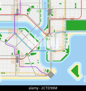 Modello di progettazione di mappe metropolitane o metropolitane. Concetto di schema di trasporto cittadino. Sistema di transito rapido. Illustrazione vettoriale Illustrazione Vettoriale