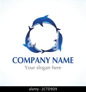 Tre delfini che saltano intorno al logo circolare. Mare, logo vettoriale di viaggio. Marcare a caldo di hotel, commercio turistico, spa, servizio di spiaggia, sanità, ricorso Illustrazione Vettoriale