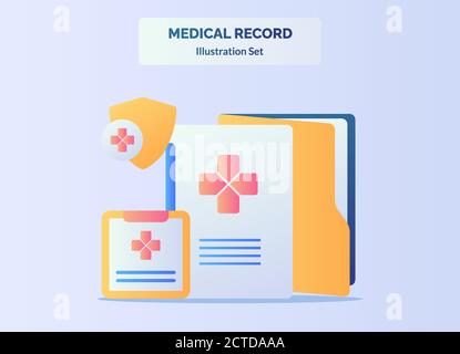 Il file concettuale della cartella clinica documenta l'anamnesi sana del paziente con un file piano stile cartone animato Illustrazione Vettoriale