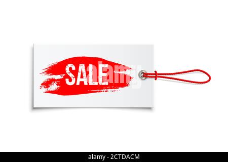 Etichetta offerta sconto con parola vendita. Timbro in gomma rosso. Immagine vettoriale grunge di banner modello, ticket, etichetta, logo, badge. Illustrazione Vettoriale