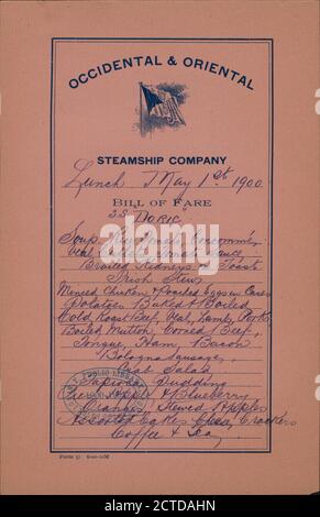 PRANZO tenuto dalla COMPAGNIA DI VAPORE OCCIDENTAL & ORIENTAL presso la SS DORIC; (SS;), testo, menu, 1900 Foto Stock