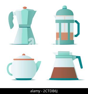 Icona piatta con teiera, pressa francese per la preparazione di caffè e tè su sfondo bianco per il concept design. Vettore Illustrazione Vettoriale