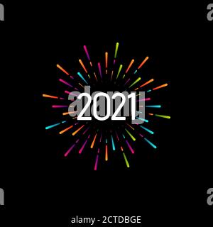Felice anno nuovo 2021. Illustrazione vettoriale natalizia con composizione tipografica festiva. Etichetta colorata con 2021 numeri e fuoco multicolore grafico Illustrazione Vettoriale