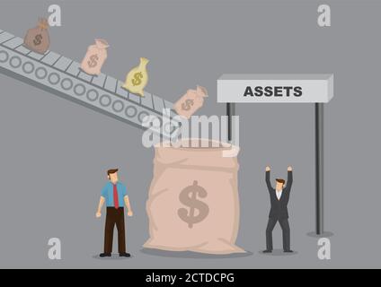 Sacchi di soldi che cadono dai macchinari ad un sacco di soldi grande. Illustrazione vettoriale cartoon sul concetto di macchina facile per fare soldi e automazione del profitto. Illustrazione Vettoriale