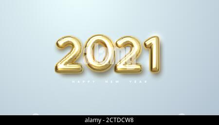 Felice anno nuovo 2021. Immagine vettoriale delle festività dei numeri metallici dorati 2021. Segno 3d realistico. Poster festivo o banner di design Illustrazione Vettoriale