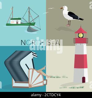 Durante l'estate. Mare del Nord presso la spiaggia con il faro, la pesca in barca, con tetti in vimini sedia spiaggia e sea gull. Illustrazione Vettoriale